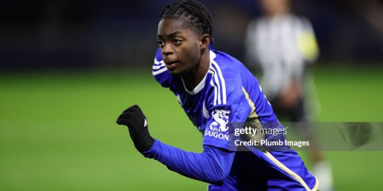 LEICESTER, ENGLAND - JANUARY 08: Kirsten Otchere of Leicester City during the Leicester City U21 v Newcastle United U21  Premier League 2 match at Leicester City Training Ground, Seagrave on January 08, 2024 in Leicester, United Kingdom. (Photo by Plumb Images/Leicester City FC via Getty Images)