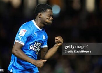 PETERBOROUGH, ENGLAND - OCTOBER 25:   Kwame Poku of Peterborough United celebrates after scoring their second goal during the Sky Bet League One between Peterborough United and Accrington Stanley at London Road Stadium on October 25, 2022 in Peterborough, England. (Photo by David Rogers/Getty Images)