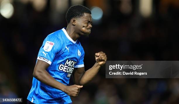 PETERBOROUGH, ENGLAND - OCTOBER 25:   Kwame Poku of Peterborough United celebrates after scoring their second goal during the Sky Bet League One between Peterborough United and Accrington Stanley at London Road Stadium on October 25, 2022 in Peterborough, England. (Photo by David Rogers/Getty Images)