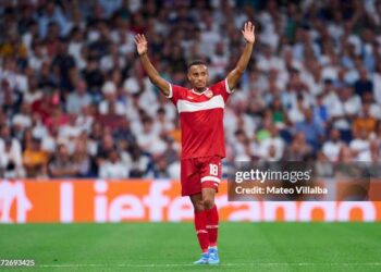 MADRID, SPAIN - SEPTEMBER 17: Jamie Leweling of VfB Stuttgart reacts during the UEFA Champions League 2024/25 League Phase MD1 match between Real Madrid CF and VfB Stuttgart at Estadio Santiago Bernabeu on September 17, 2024 in Madrid, Spain. (Photo by Mateo Villalba/Getty Images)