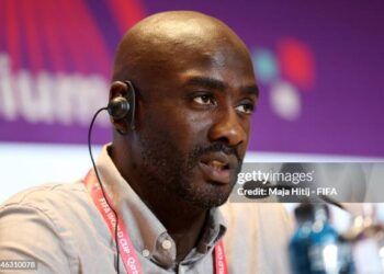 AL WAKRAH, QATAR - DECEMBER 02: Otto Addo, Head Coach of Ghana, speaks to the media in the post match press conference after the team's defeat during the FIFA World Cup Qatar 2022 Group H match between Ghana and Uruguay at Al Janoub Stadium on December 02, 2022 in Al Wakrah, Qatar. (Photo by Maja Hitij - FIFA/FIFA via Getty Images)