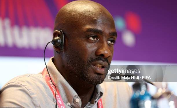 AL WAKRAH, QATAR - DECEMBER 02: Otto Addo, Head Coach of Ghana, speaks to the media in the post match press conference after the team's defeat during the FIFA World Cup Qatar 2022 Group H match between Ghana and Uruguay at Al Janoub Stadium on December 02, 2022 in Al Wakrah, Qatar. (Photo by Maja Hitij - FIFA/FIFA via Getty Images)