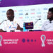DOHA, QATAR - DECEMBER 01: Otto Addo, Head Coach of Ghana, and Thomas Partey of Ghana speak during the Ghana Press Conference at the Main Media Center on December 01, 2022 in Doha, Qatar. (Photo by Christopher Lee/Getty Images)