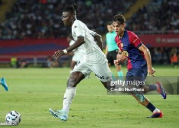 Hector Fort and Mohammed Salisu are playing during the match between FC Barcelona and AS Monaco, corresponding to the 59th edition of the Joan Gamper Trophy, at the Lluis Companys Stadium, in Barcelona, Spain, on August 12, 2024. (Photo by Joan Valls/Urbanandsport /NurPhoto via Getty Images) (Photo by Urbanandsport/NurPhoto via Getty Images)