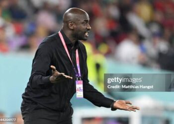 DOHA, QATAR - NOVEMBER 24: Otto Addo, Head Coach of Ghana, reacts during the FIFA World Cup Qatar 2022 Group H match between Portugal and Ghana at Stadium 974 on November 24, 2022 in Doha, Qatar. (Photo by Matthias Hangst/Getty Images)