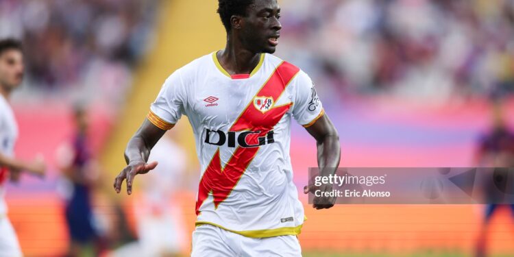 BARCELONA, SPAIN - MAY 19: Abdul Mumin of Rayo Vallecano looks on during the LaLiga EA Sports match between FC Barcelona and Rayo Vallecano at Estadi Olimpic Lluis Companys on May 19, 2024 in Barcelona, Spain. (Photo by Eric Alonso/Getty Images)