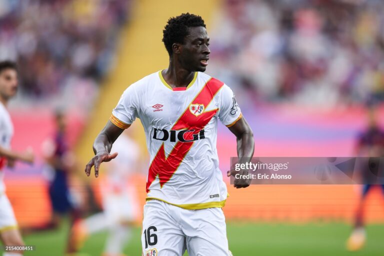 BARCELONA, SPAIN - MAY 19: Abdul Mumin of Rayo Vallecano looks on during the LaLiga EA Sports match between FC Barcelona and Rayo Vallecano at Estadi Olimpic Lluis Companys on May 19, 2024 in Barcelona, Spain. (Photo by Eric Alonso/Getty Images)