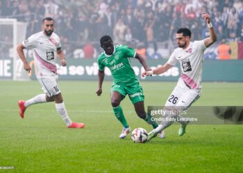 Himad ABDELLI of Angers and Augustine BOAKYE of Saint Etienne and Florent HANIN of Angers during the Ligue 1 MCDonald's match between Angers and Saint Etienne at Stade Raymond Kopa on October 26, 2024 in Angers, France. (Photo by Eddy Lemaistre/Icon Sport via Getty Images)