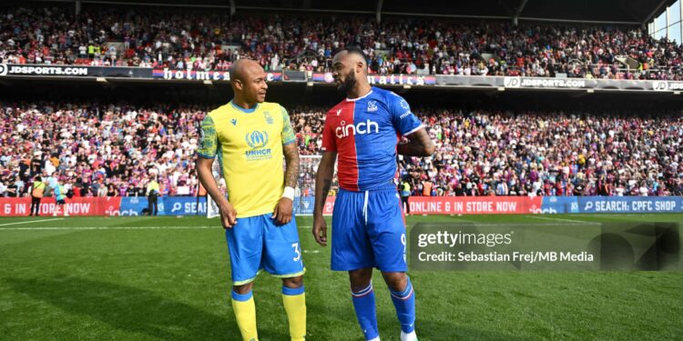 LONDON, ENGLAND - MAY 28: Brothers Andrew Ayew of Nottingham Forest and Jordan Ayew of Crystal Palace during the Premier League match between Crystal Palace and Nottingham Forest at Selhurst Park on May 28, 2023 in London, United Kingdom. (Photo by Sebastian Frej/MB Media/Getty Images)