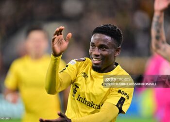IF Elfsborg's Ghanaian midfielder #10 Michael Baidoo celebrates after scoring the 1-0 goal during the UEFA Europa League football match between IF Elfsborg and AS Roma in Boras, Sweden on October 3, 2024. (Photo by Bjorn LARSSON ROSVALL / TT NEWS AGENCY / AFP) / Sweden OUT (Photo by BJORN LARSSON ROSVALL/TT NEWS AGENCY/AFP via Getty Images)