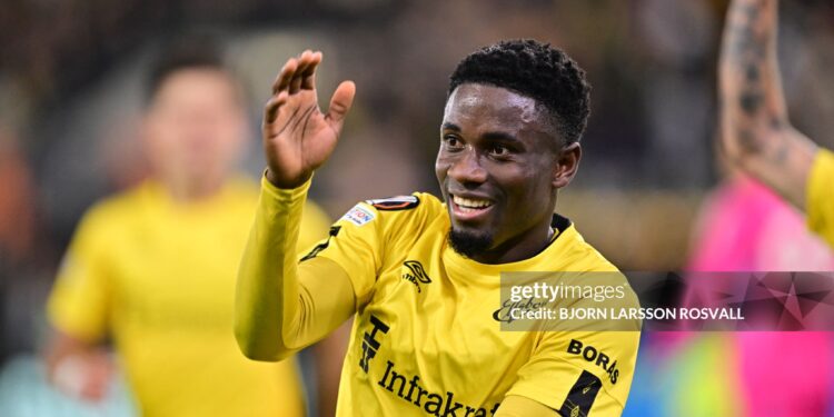 IF Elfsborg's Ghanaian midfielder #10 Michael Baidoo celebrates after scoring the 1-0 goal during the UEFA Europa League football match between IF Elfsborg and AS Roma in Boras, Sweden on October 3, 2024. (Photo by Bjorn LARSSON ROSVALL / TT NEWS AGENCY / AFP) / Sweden OUT (Photo by BJORN LARSSON ROSVALL/TT NEWS AGENCY/AFP via Getty Images)