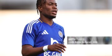 CHESTERFIELD, ENGLAND - JULY 26: Abdul Fatawu of Leicester City during the pre-season friendly match between Leicester City and Palermo at SMH Group Stadium on July 26, 2024 in Chesterfield, England. (Photo by Robbie Jay Barratt - AMA/Getty Images)