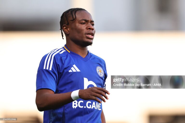 CHESTERFIELD, ENGLAND - JULY 26: Abdul Fatawu of Leicester City during the pre-season friendly match between Leicester City and Palermo at SMH Group Stadium on July 26, 2024 in Chesterfield, England. (Photo by Robbie Jay Barratt - AMA/Getty Images)