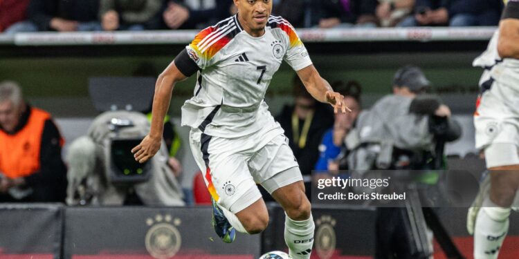 MUNICH, GERMANY - OCTOBER 14: Jamie Leweling of Germany 
 runs with the ball during the UEFA Nations League 2024/25 League A Group A3 match between Germany and Netherlands at Allianz Arena on October 14, 2024 in Munich, Germany. (Photo by Boris Streubel/Getty Images)