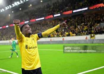 IF Elfsborg's Ghanaian midfielder #10 Michael Baidoo celebrates at the end of the UEFA Europa League football match between IF Elfsborg and AS Roma in Boras, Sweden on October 3, 2024. (Photo by Bjorn LARSSON ROSVALL / TT NEWS AGENCY / AFP) / Sweden OUT (Photo by BJORN LARSSON ROSVALL/TT NEWS AGENCY/AFP via Getty Images)
