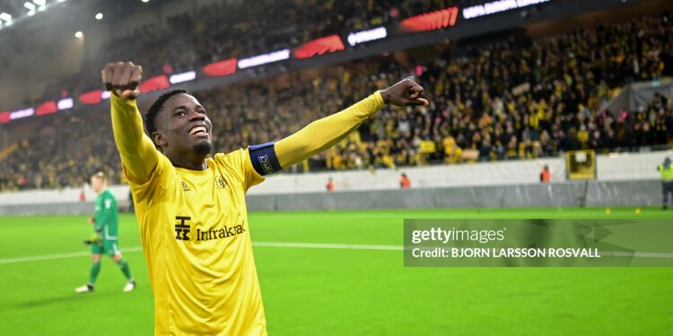 IF Elfsborg's Ghanaian midfielder #10 Michael Baidoo celebrates at the end of the UEFA Europa League football match between IF Elfsborg and AS Roma in Boras, Sweden on October 3, 2024. (Photo by Bjorn LARSSON ROSVALL / TT NEWS AGENCY / AFP) / Sweden OUT (Photo by BJORN LARSSON ROSVALL/TT NEWS AGENCY/AFP via Getty Images)