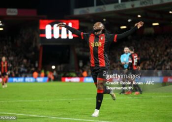 BOURNEMOUTH, ENGLAND - SEPTEMBER 30: Antoine Semenyo of Bournemouth celebrates after team-mate Dango Ouattara scores a goal to make it 2-0 during the Premier League match between AFC Bournemouth and Southampton FC at Vitality Stadium on September 30, 2024 in Bournemouth, England. (Photo by Robin Jones - AFC Bournemouth/AFC Bournemouth via Getty Images)