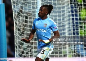 Coventry City's Brandon Thomas-Asante celebrates scoring his side's first goal of the game during the Carabao Cup, third round match at the Coventry Building Society Arena. Picture date: Wednesday September 18, 2024. (Photo by Mike Egerton/PA Images via Getty Images)