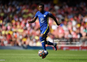 LONDON, ENGLAND - AUGUST 01: Baba Rahman of Chelsea runs with the ball during the Pre-Season Friendly match between Arsenal and Chelsea at Emirates Stadium on August 01, 2021 in London, England. (Photo by Harriet Lander - Chelsea FC/Chelsea FC via Getty Images)