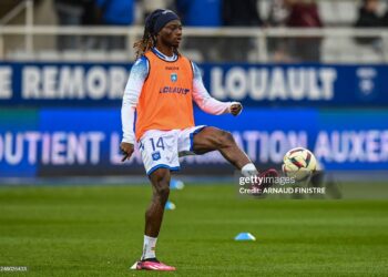 Auxerre's Ghanaian defender Gideon Mensah warms up prior to the French L1 football match between AJ Auxerre and Stade Rennais at Stade de l'Abbe-Deschamps in Auxerre, central France on March 11, 2023. (Photo by ARNAUD FINISTRE / AFP) (Photo by ARNAUD FINISTRE/AFP via Getty Images)
