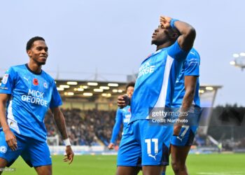 Kwame Poku (11 Peterborough United) celebrates after scoring the team's second goal during the Sky Bet League 1 match between Peterborough and Cambridge United at London Road in Peterborough, United Kingdom, on November 9, 2024. (Photo by Kevin Hodgson | MI News/NurPhoto via Getty Images)