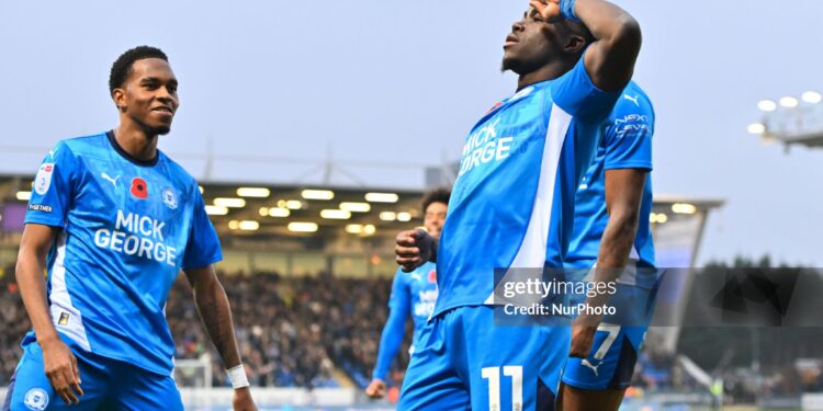 Kwame Poku (11 Peterborough United) celebrates after scoring the team's second goal during the Sky Bet League 1 match between Peterborough and Cambridge United at London Road in Peterborough, United Kingdom, on November 9, 2024. (Photo by Kevin Hodgson | MI News/NurPhoto via Getty Images)
