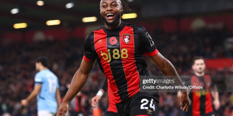 BOURNEMOUTH, ENGLAND - NOVEMBER 2: Antoine Semenyo of Bournemouth celebrates scoring the opening goal during the Premier League match between AFC Bournemouth and Manchester City FC at Vitality Stadium on November 2, 2024 in Bournemouth, England. (Photo by Charlotte Wilson/Offside/Offside via Getty Images)