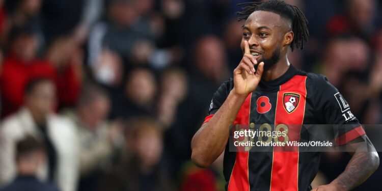 BOURNEMOUTH, ENGLAND - NOVEMBER 2: Antoine Semenyo of Bournemouth celebrates scoring the opening goal during the Premier League match between AFC Bournemouth and Manchester City FC at Vitality Stadium on November 2, 2024 in Bournemouth, England. (Photo by Charlotte Wilson/Offside/Offside via Getty Images)