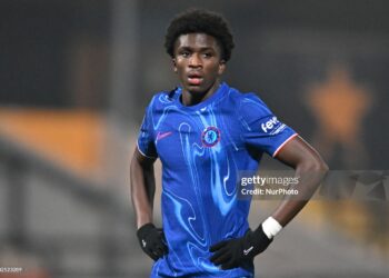 Ato Ampah (55 Chelsea) looks on during the EFL Trophy match between Cambridge United and Chelsea Under 21s at the Cledara Abbey Stadium in Cambridge, United Kingdom, on November 5, 2024. (Photo by MI News/NurPhoto via Getty Images)
