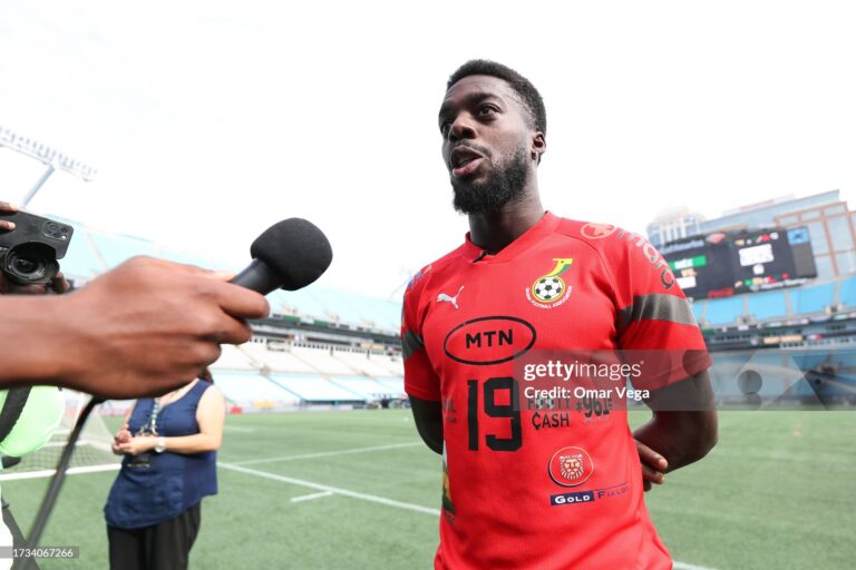 CHARLOTTE, NORTH CAROLINA - OCTOBER 13: Iñaki Williams of Ghana speaks to the media during a mix zone ahead of the friendly martch against Mexico at Bank of America Stadium on October 13, 2023 in Charlotte, North Carolina. (Photo by Omar Vega/Getty Images)