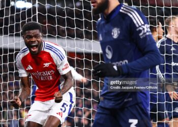LONDON, ENGLAND - DECEMBER 3: Thomas Partey of Arsenal celebrates their second goal scored by Saliba during the Premier League match between Arsenal FC and Manchester United FC at Emirates Stadium on December 3, 2024 in London, England. (Photo by Jacques Feeney/Offside/Offside via Getty Images)