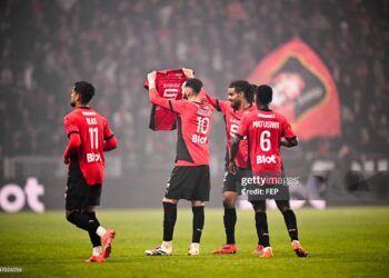 Amine GOUIRI of Rennes celebrates his goal during the Ligue 1 McDonald's match between Rennes and Saint-Etienne at Roazhon Park on November 30, 2024 in Rennes, France. (Photo by Anthony Bibard/FEP/Icon Sport via Getty Images)