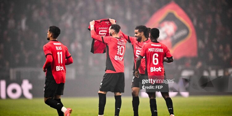 Amine GOUIRI of Rennes celebrates his goal during the Ligue 1 McDonald's match between Rennes and Saint-Etienne at Roazhon Park on November 30, 2024 in Rennes, France. (Photo by Anthony Bibard/FEP/Icon Sport via Getty Images)