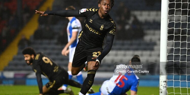 BLACKBURN, ENGLAND - JANUARY 21: Brandon Thomas-Asante of Coventry celebrates scoring second goal  during the Sky Bet Championship match between Blackburn Rovers FC and Coventry City FC at Ewood Park on January 21, 2025 in Blackburn, England. (Photo by Gareth Copley/Getty Images)