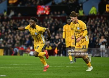 BIRMINGHAM, ENGLAND - DECEMBER 30: Tariq Lamptey of Brighton & Hove Albion celebrates scoring his team's second goal during the Premier League match between Aston Villa FC and Brighton & Hove Albion FC at Villa Park on December 30, 2024 in Birmingham, England. (Photo by Shaun Botterill/Getty Images)