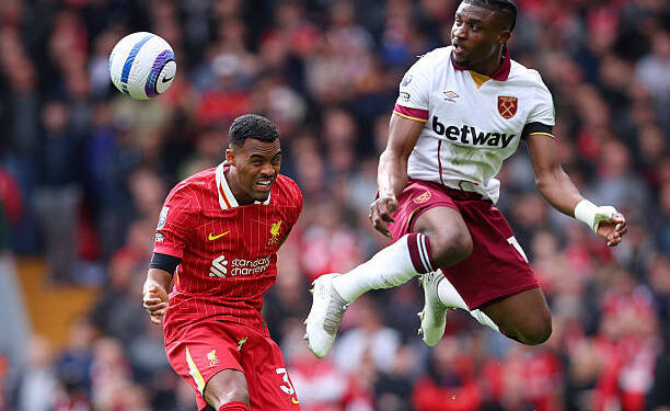 LIVERPOOL, ENGLAND - APRIL 13: Ryan Gravenberch of Liverpool and Mohammed Kudus of West Ham United during the Premier League match between Liverpool FC and West Ham United FC at Anfield on April 13, 2025 in Liverpool, England. (Photo by Ed Sykes/Sportsphoto/Allstar via Getty Images)