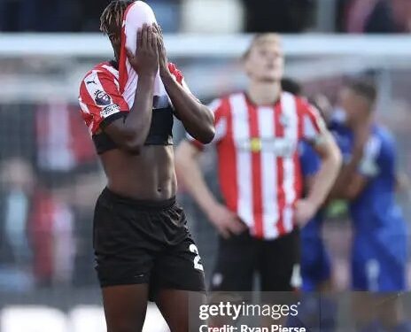 SOUTHAMPTON, ENGLAND - OCTOBER 19: Kamaldeen Sulemana of Southampton shows dejection after the Premier League match between Southampton FC and Leicester City FC at St Mary's Stadium on October 19, 2024 in Southampton, England. (Photo by Ryan Pierse/Getty Images)