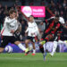BOURNEMOUTH, ENGLAND - APRIL 14: Antoine Semenyo of AFC Bournemouth scores his team's first goal whilst under pressure from Joachim Andersen of Fulham during the Premier League match between AFC Bournemouth and Fulham FC at Vitality Stadium on April 14, 2025 in Bournemouth, England. (Photo by Michael Steele/Getty Images)
