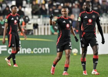 Mohau Nkota of Orlando Pirates celebrates goal with teammates during the CAF Champions League 2024/25 Quarter Final 1st Leg match between MC Alger and Orlando Pirates at Stade du 5-Juillet 1962 in Algiers, Algeria on 1 April 2025 ©BackpagePix