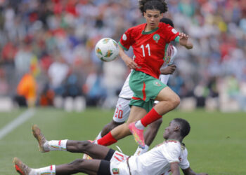 Mahamadou Traore of Mali challenges Ilies Belmokhtar of Morocco during the 2025 TotalEnergies CAF U17 Africa Cup of Nations Final match between Morocco and Mali at El Bachir Stadium in Mohammédia, Morocco on 19 April 2025 ©Djaffar Ladjal/BackpagePix