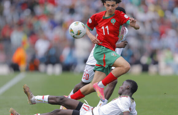 Mahamadou Traore of Mali challenges Ilies Belmokhtar of Morocco during the 2025 TotalEnergies CAF U17 Africa Cup of Nations Final match between Morocco and Mali at El Bachir Stadium in Mohammédia, Morocco on 19 April 2025 ©Djaffar Ladjal/BackpagePix