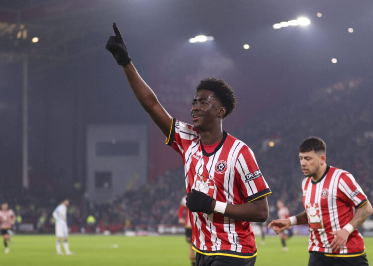 SHEFFIELD, ENGLAND - FEBRUARY 12: Jesurun Rak-Sakyi of Sheffield United FC celebrates after scoring the team's first goal during the Sky Bet Championship match between Sheffield United FC and Middlesbrough FC at  on February 12, 2025 in Sheffield, England. (Photo by Molly Darlington/Getty Images)