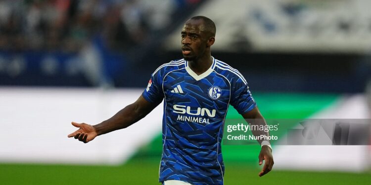 Christopher Antwi-Adjei of FC Schalke 04  looks on during the 2.Bundesliga match between FC Schalke 04 and Hertha BSC at Veltins-Arena, Gelsenkirchen, Germany on August 1, 2025.  (Photo by Ulrik Pedersen/NurPhoto via Getty Images)
