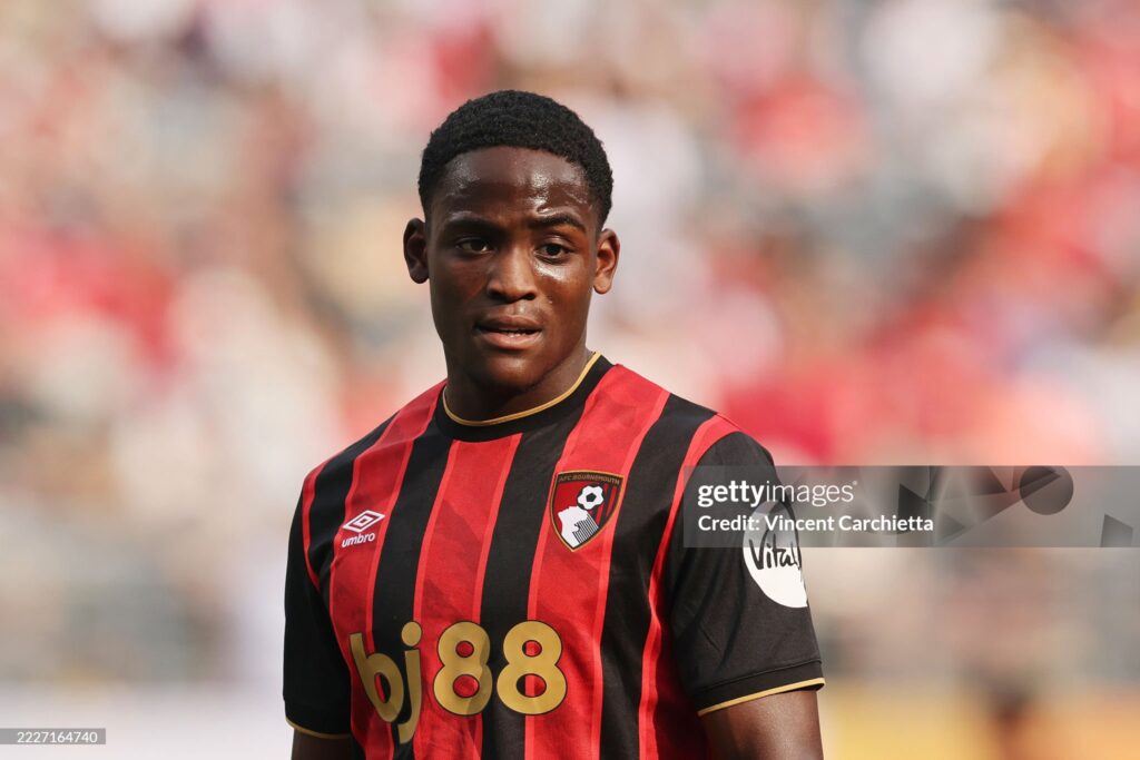 EAST RUTHERFORD, NEW JERSEY - JULY 26: Daniel Adu-Adjei of AFC Bournemouth looks on during the Premier League Summer Series match between Everton FC and AFC Bournemouth at MetLife Stadium on July 26, 2025 in East Rutherford, New Jersey.  (Photo by Vincent Carchietta/Getty Images)