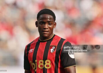 EAST RUTHERFORD, NEW JERSEY - JULY 26: Daniel Adu-Adjei of AFC Bournemouth looks on during the Premier League Summer Series match between Everton FC and AFC Bournemouth at MetLife Stadium on July 26, 2025 in East Rutherford, New Jersey.  (Photo by Vincent Carchietta/Getty Images)