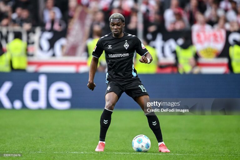 Stuttgart, Germany - April 13: Derrick Köhn of SV Werder Bremen controls the Ball during the Bundesliga match between VfB Stuttgart and SV Werder Bremen at MHPArena Stuttgart on April 13, 2025 in Stuttgart, Germany. (Photo by Harry Langer/DeFodi Images/DeFodi via Getty Images)