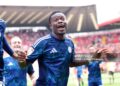 Leicester City's Issahaku Fatawu celebrates with teammates after scoring his side's first goal during the Sky Bet Championship match at The Valley, Charlton. Picture date: Saturday August 23, 2025. (Photo by Yui Mok/PA Images via Getty Images)