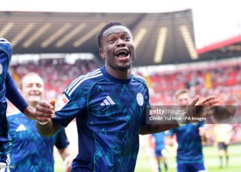 Leicester City's Issahaku Fatawu celebrates with teammates after scoring his side's first goal during the Sky Bet Championship match at The Valley, Charlton. Picture date: Saturday August 23, 2025. (Photo by Yui Mok/PA Images via Getty Images)