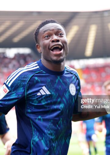 Leicester City's Issahaku Fatawu celebrates with teammates after scoring his side's first goal during the Sky Bet Championship match at The Valley, Charlton. Picture date: Saturday August 23, 2025. (Photo by Yui Mok/PA Images via Getty Images)