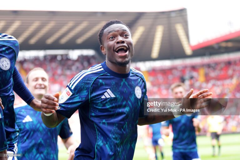 Leicester City's Issahaku Fatawu celebrates with teammates after scoring his side's first goal during the Sky Bet Championship match at The Valley, Charlton. Picture date: Saturday August 23, 2025. (Photo by Yui Mok/PA Images via Getty Images)